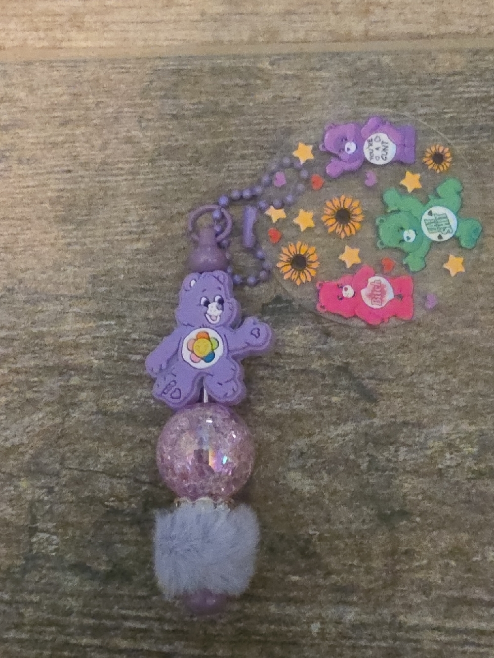ADULT****Purple Care Bears Charm Keychain w/ Glitter Large Bead & Fuzzy Pom. NWT
